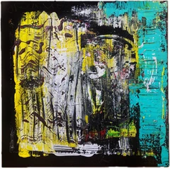 An abstract painting with a vibrant color palette. Red, yellow, and blue dominate the composition, creating a sense of energy and movement. Thick layers of paint create a textured surface, adding depth and dimension to the artwork.