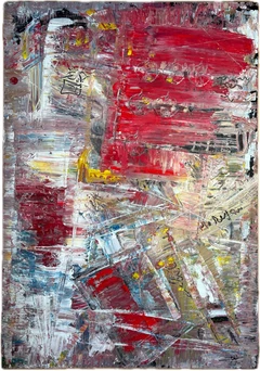 An abstract painting with a vibrant color palette. Red dominates the composition, creating a sense of energy and movement. Thick layers of paint create a textured surface, adding depth and dimension to the artwork.
