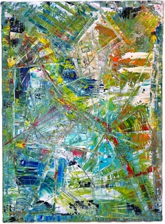 An abstract painting with a vibrant color palette dominated by blues, greens, and yellows. The composition is dynamic and energetic, with intersecting lines and shapes creating a sense of movement and fragmentation.