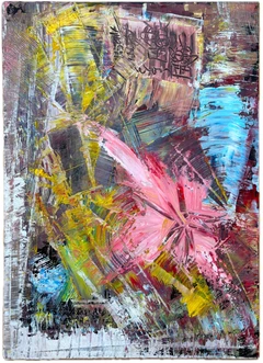 An abstract painting with a bold color palette. Shades of pink and yellow dominate the composition, creating a sense of energy and movement. Thick layers of paint create a textured surface, adding depth and dimension to the artwork.
