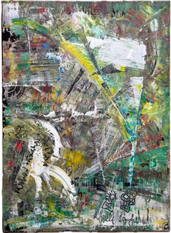 An abstract painting with a vibrant color palette. Green, yellow, and blue dominate the composition, creating a sense of energy and movement. Thick layers of paint create a textured surface, adding depth and dimension to the artwork.